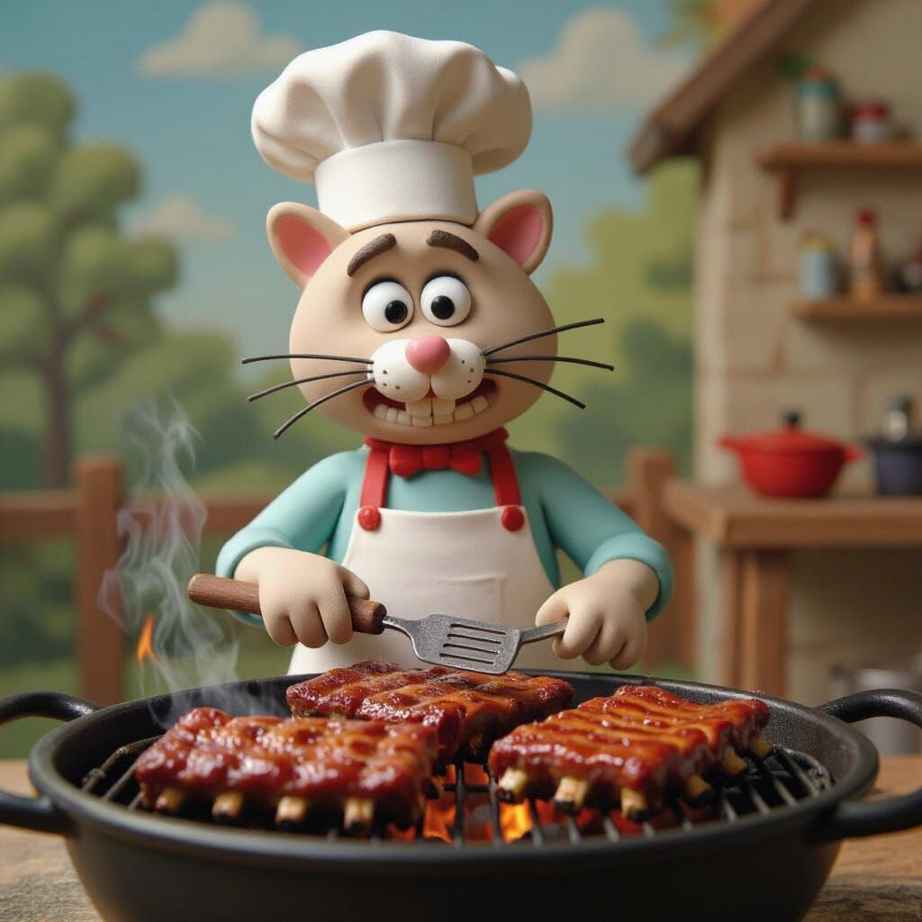 Claymation Cat Chef Grilling BBQ Ribs