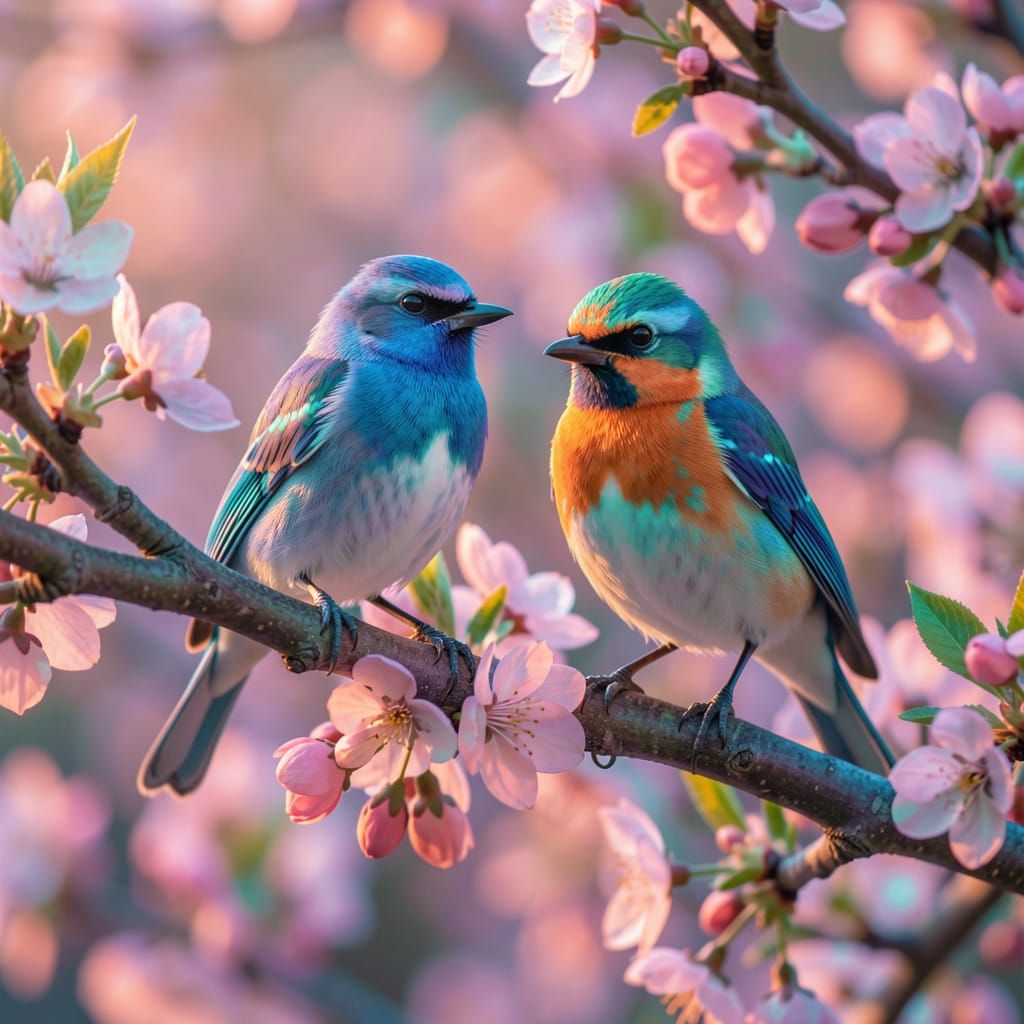 Realistic Birds on Iridescent Flowering Branch