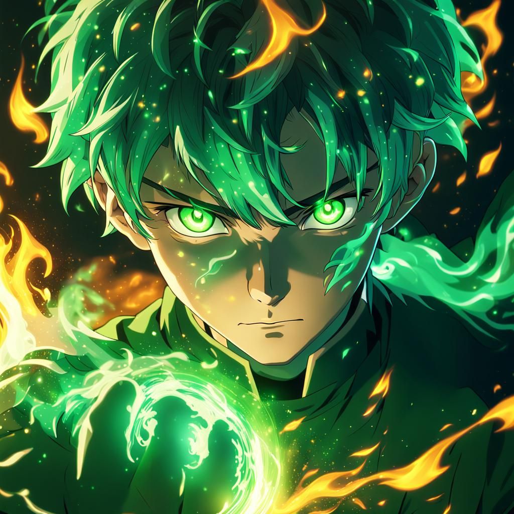 Anime Boy Engulfed in Green Magic Fire