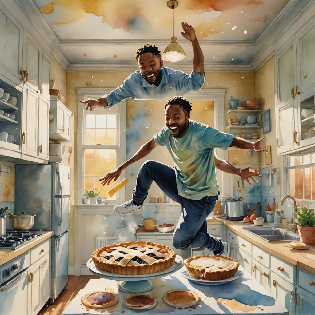 Smiling Man Floats to Pie: Whimsical Watercolor Illustration