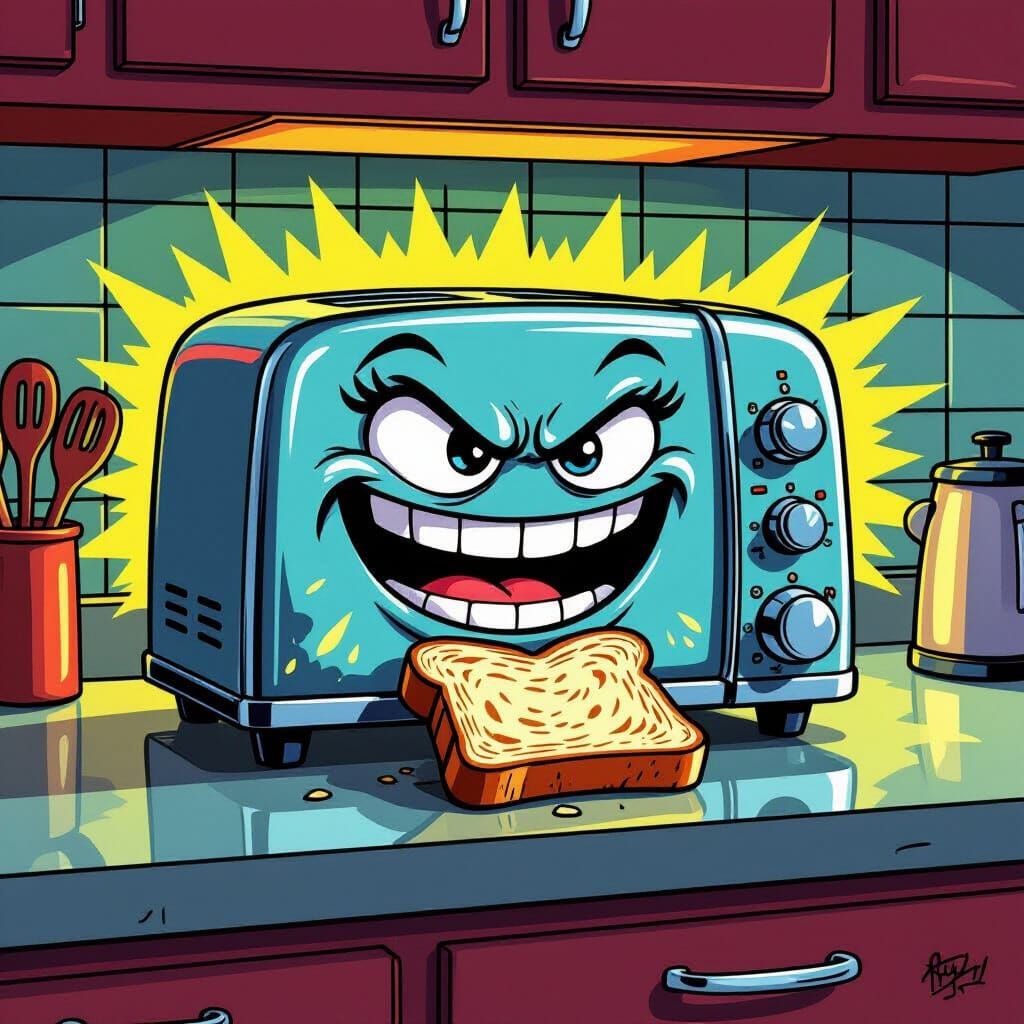 Mischievous Toaster Oven Eats Bread in Pop Art Style