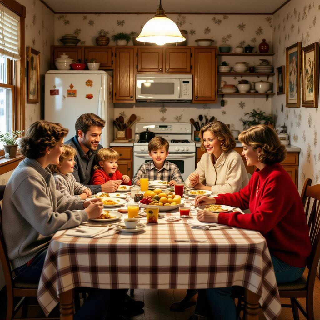 Cozy 1990s Family Dinner, Vintage Art Style