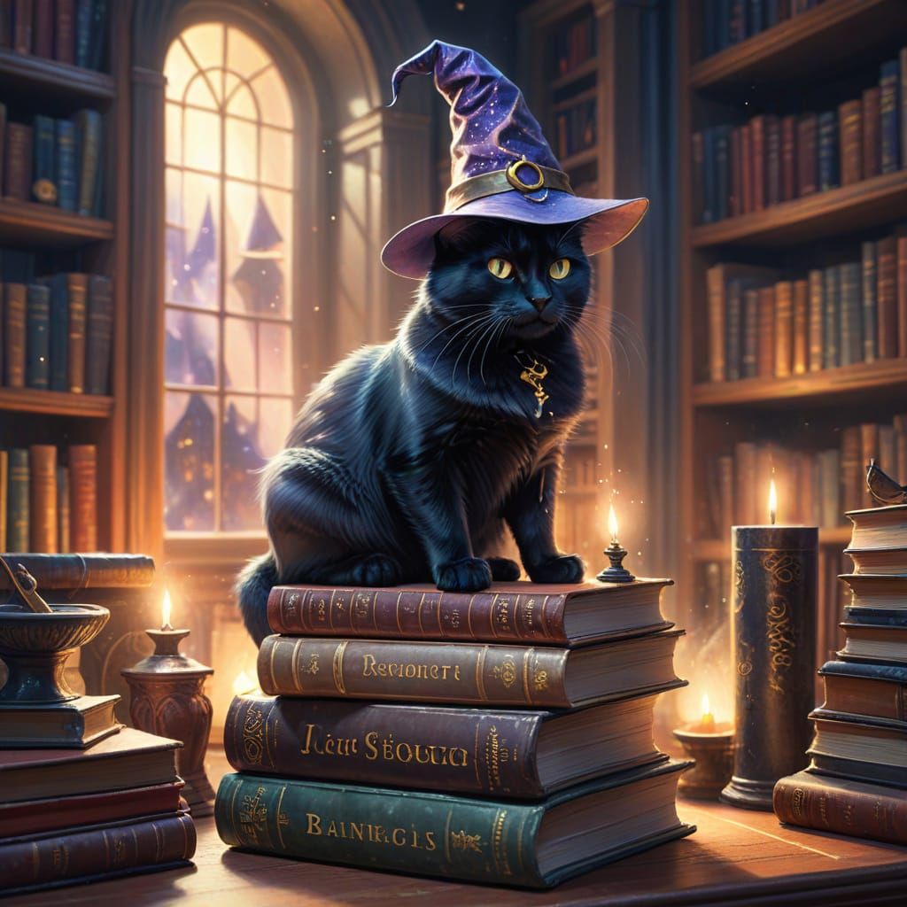 Whimsical Watercolor Wizard Cat in Cozy Library