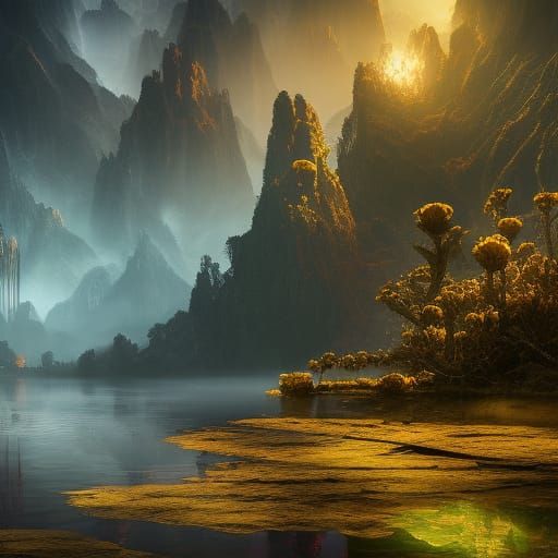 Abstract Lake: Detailed Matte Painting in Deep Color