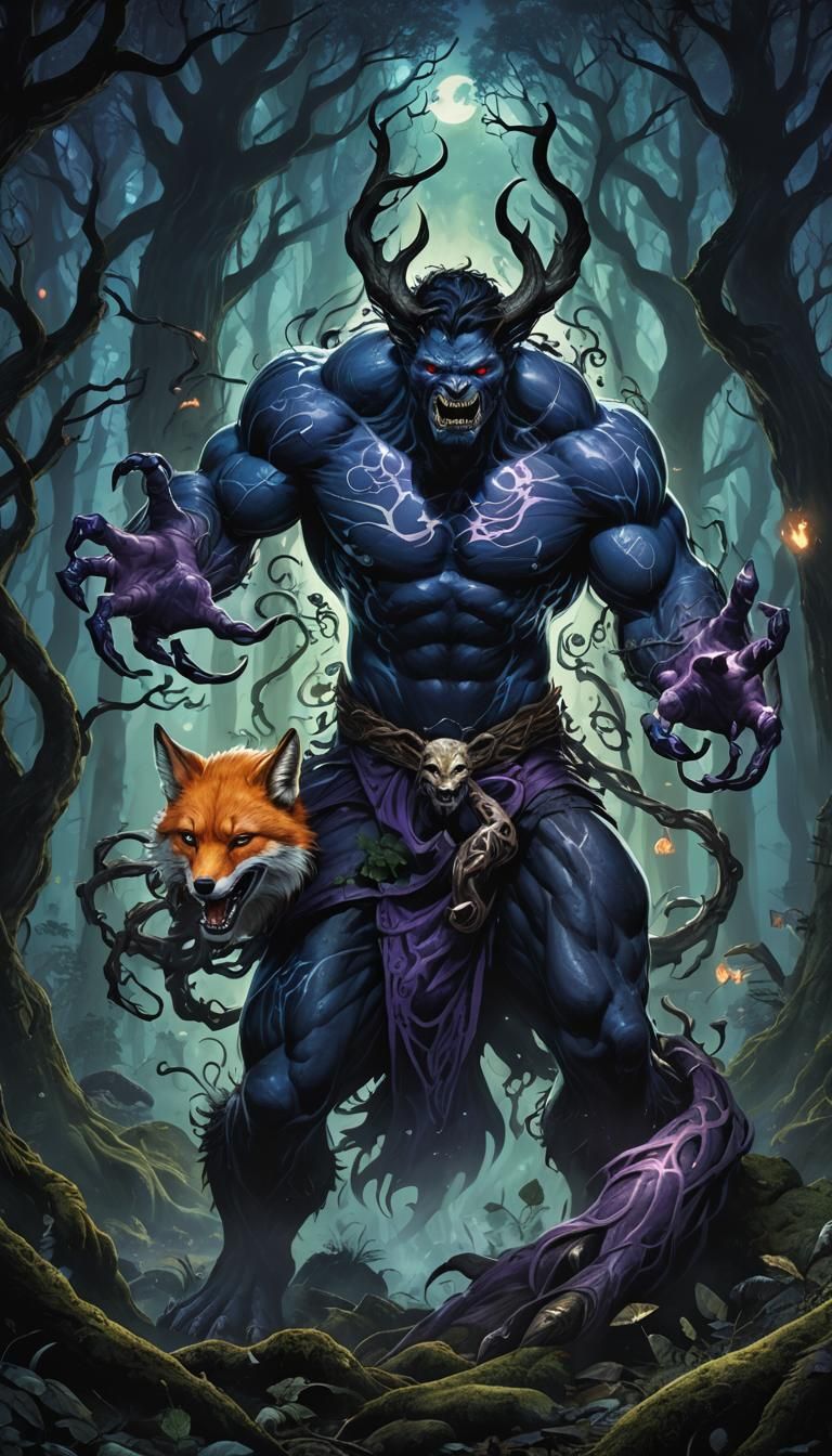 Mystical Hybrid Character Conjuring Magic in Dark Forest