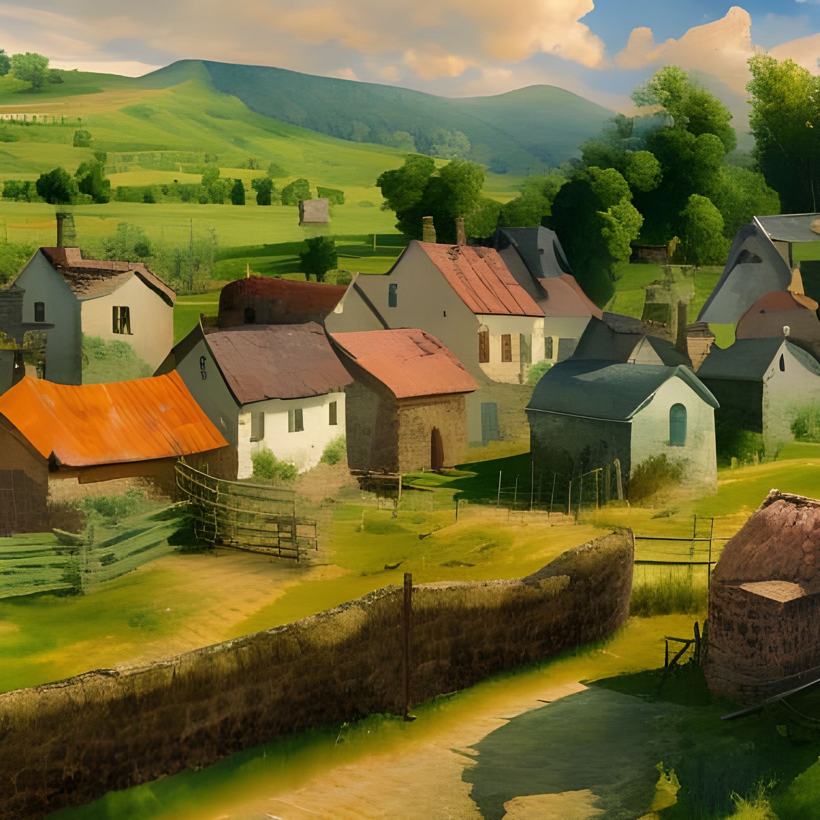 Gouache Style Countryside Village Watercolor Painting