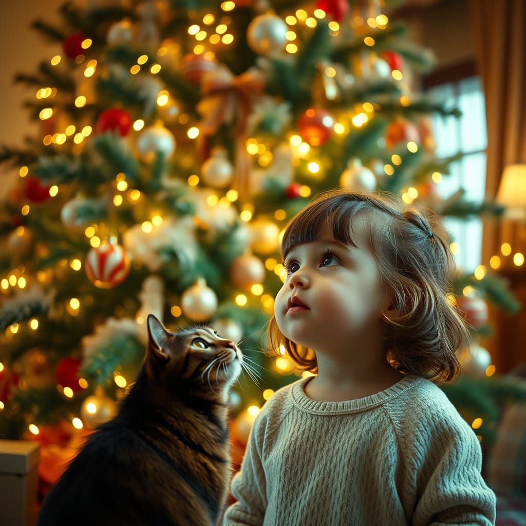 Enchanted Holiday Scene with Tortoiseshell Cat and Girl