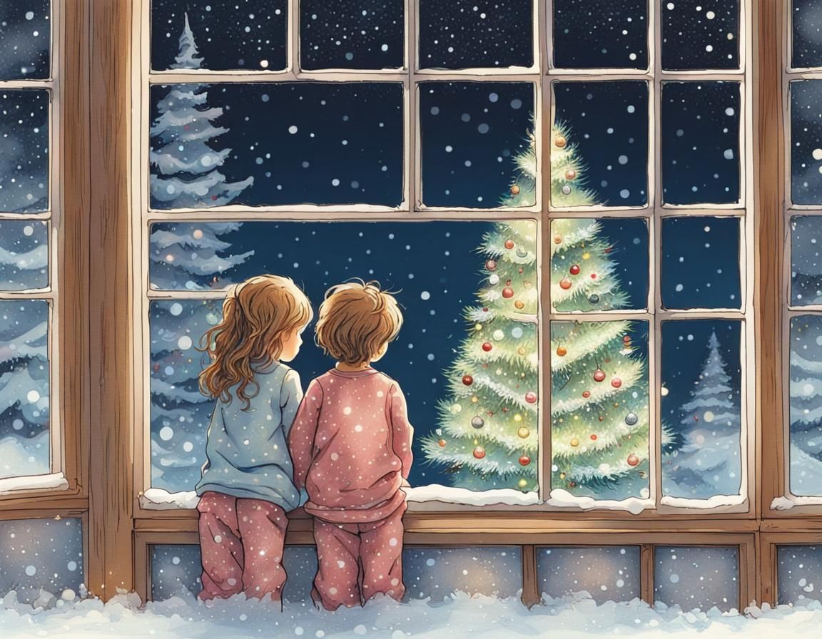 Children Gazing at Snowy Christmas Eve, Sarah Kay Style