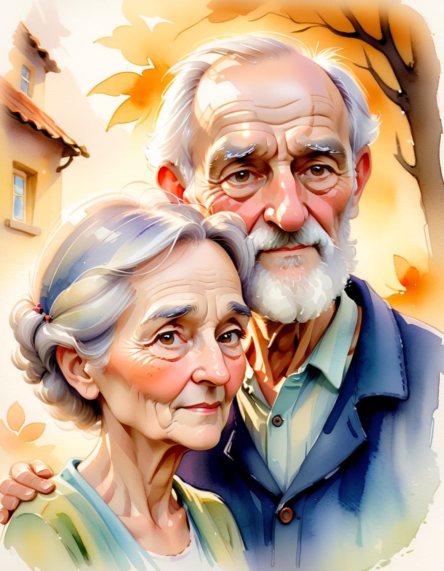 Whimsical Watercolour Portrait of an Old Man and Woman