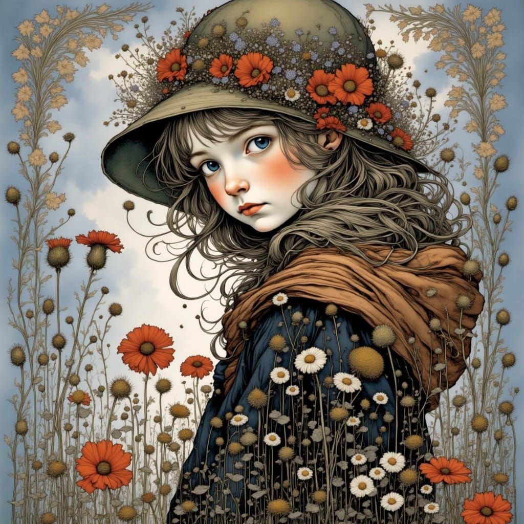 Whimsical Portrait of a Young Girl Amidst Vibrant Wildflower...