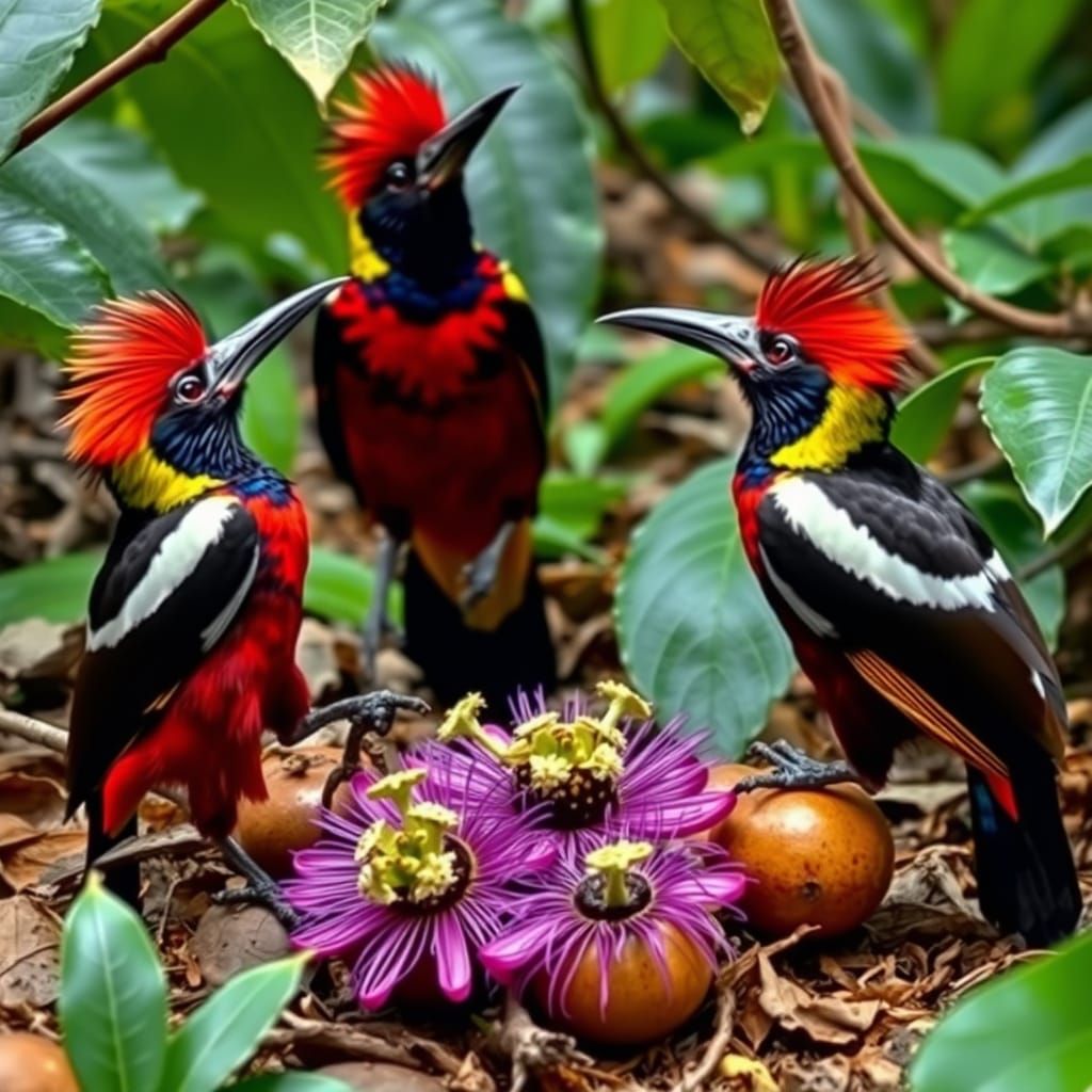 Vibrant Rainforest Birds Play Among Tropical Fruits