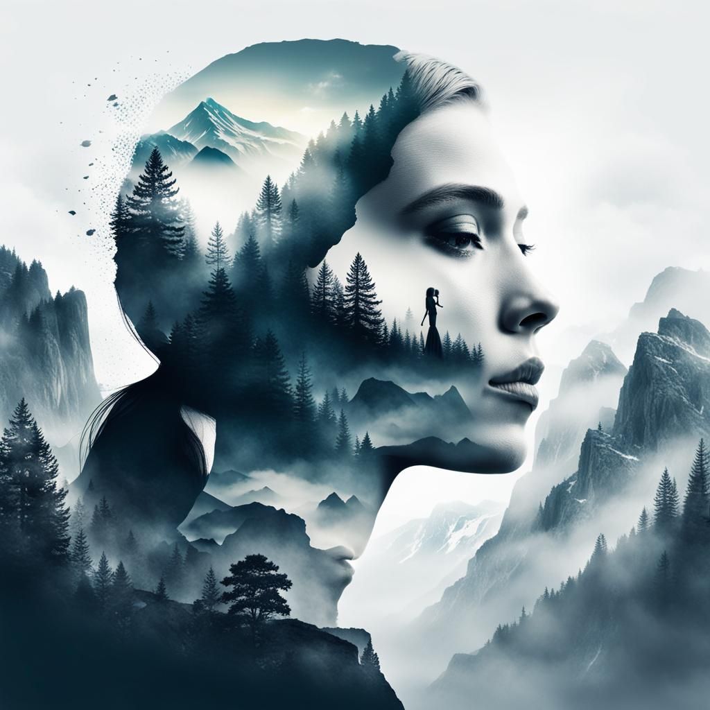 Woman's Silhouette with Mountain Landscape Double Exposure