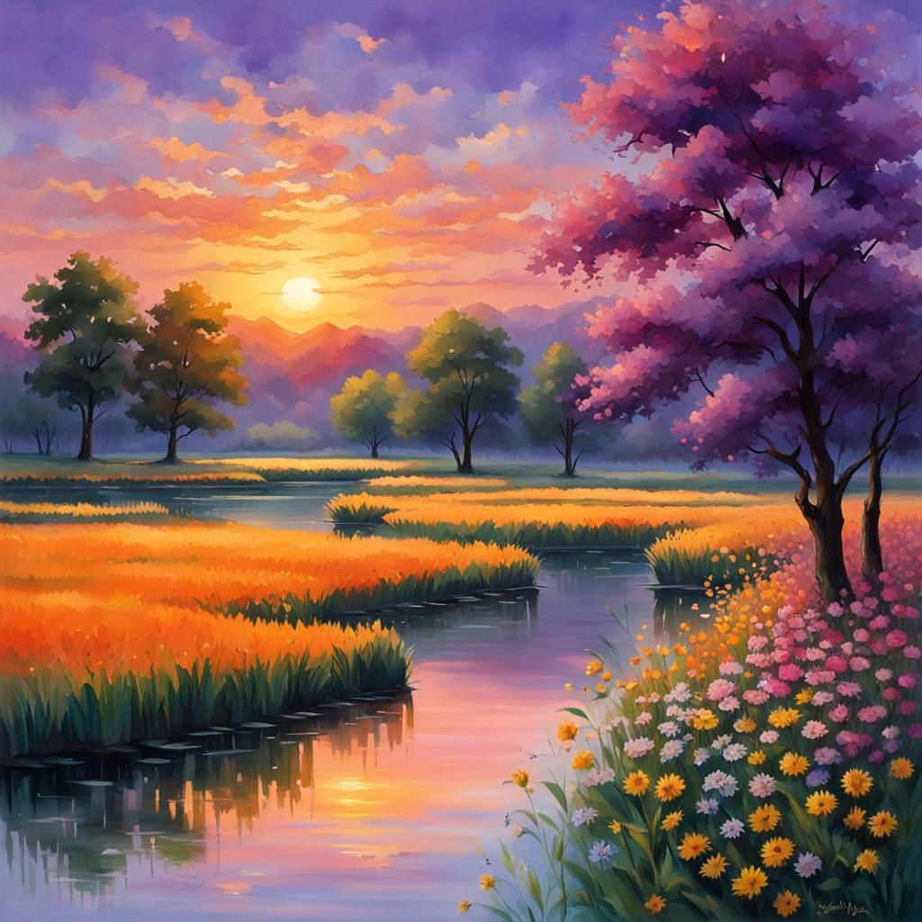 Sunset Over Lake and Fields: Oil Painting
