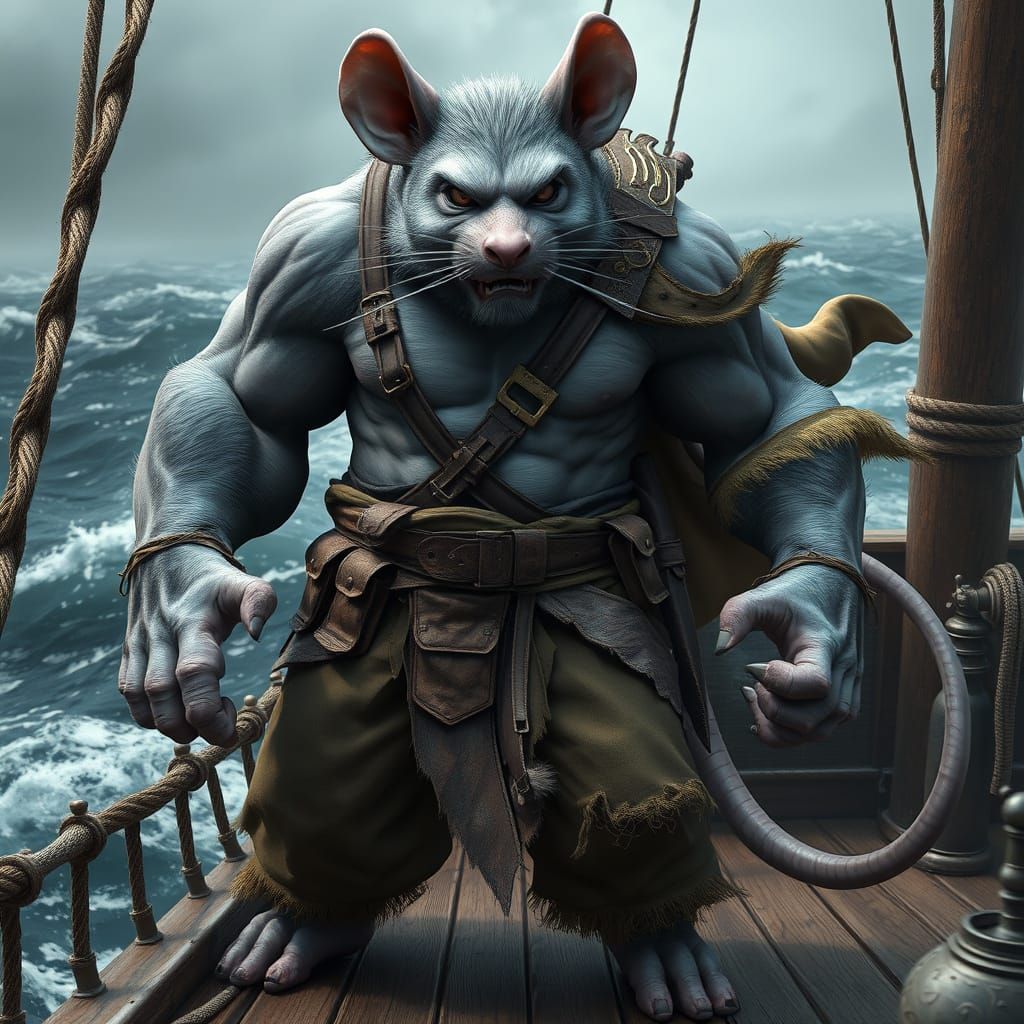 Gritty Mouse-Human Hybrid Warrior on Pirate Ship