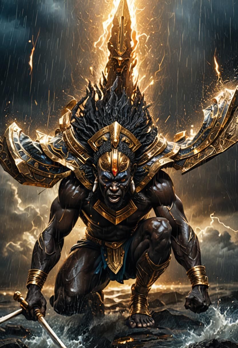 African God Dodging Energy Blast in Digital Art