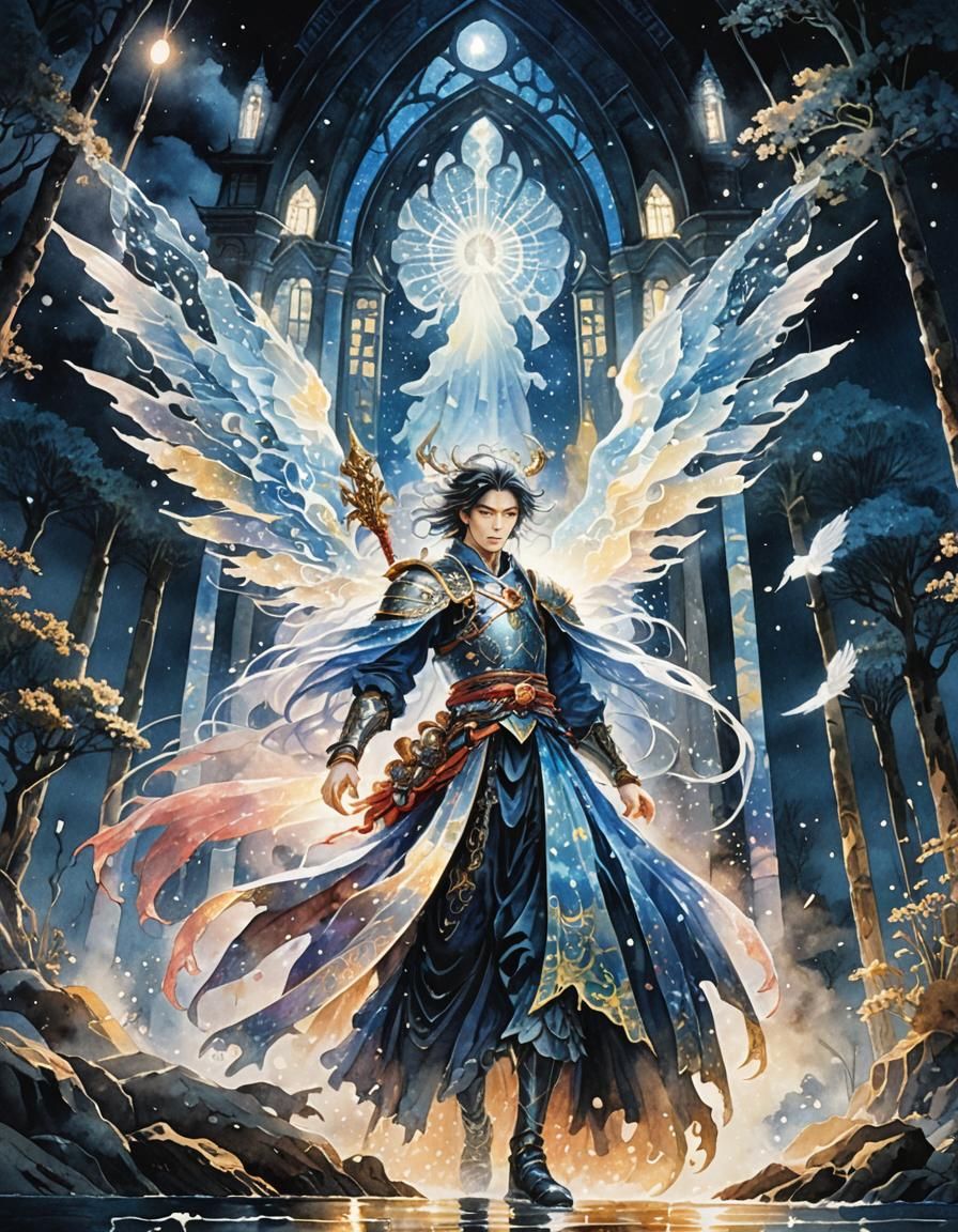 Ghost Warrior Dissolving on Magical Beach in Watercolor