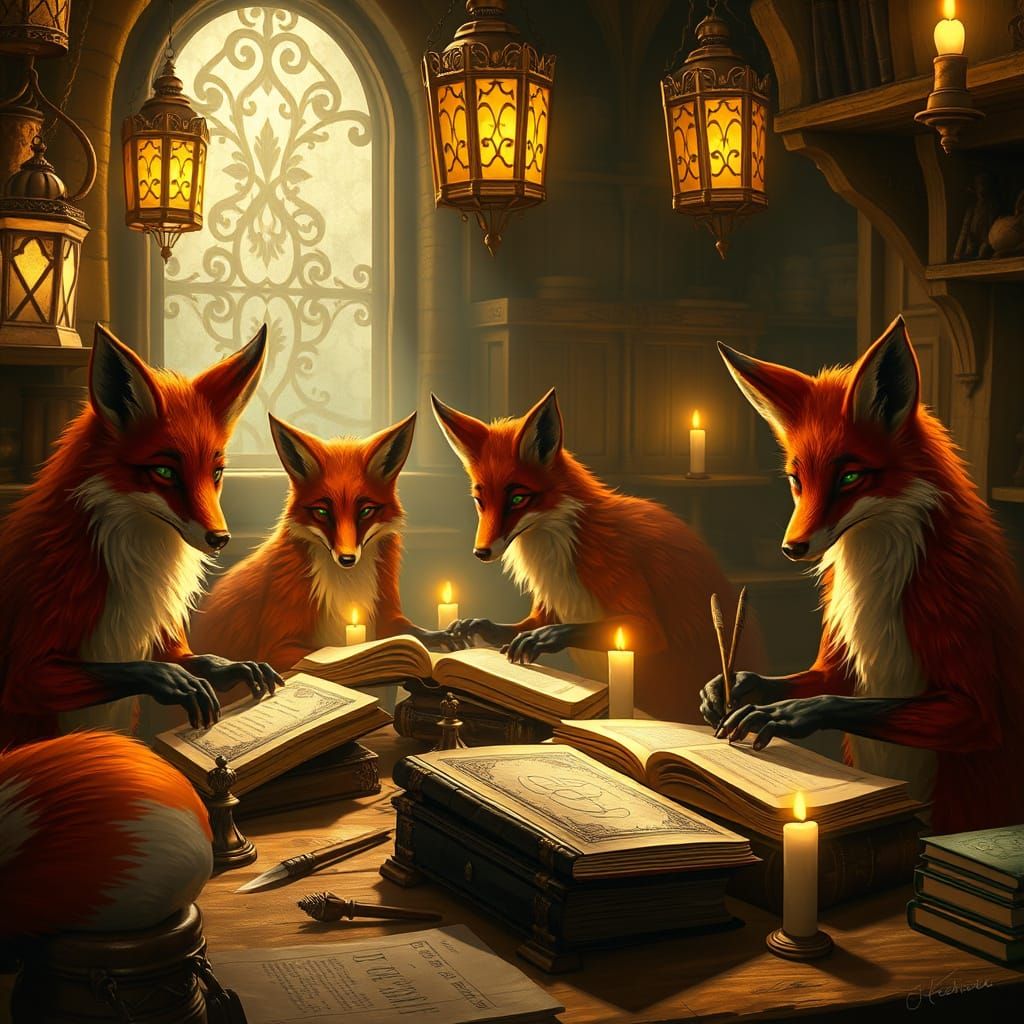 Mystical Foxes in Candlelit Scriptorium Bind Sacred Tomes