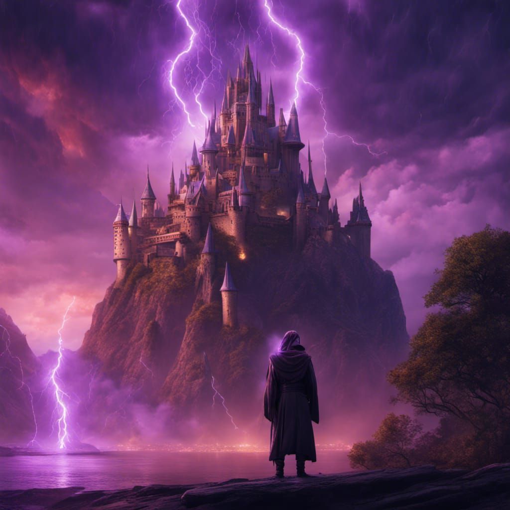 Jedi Gazing at Castle with Purple Lightning