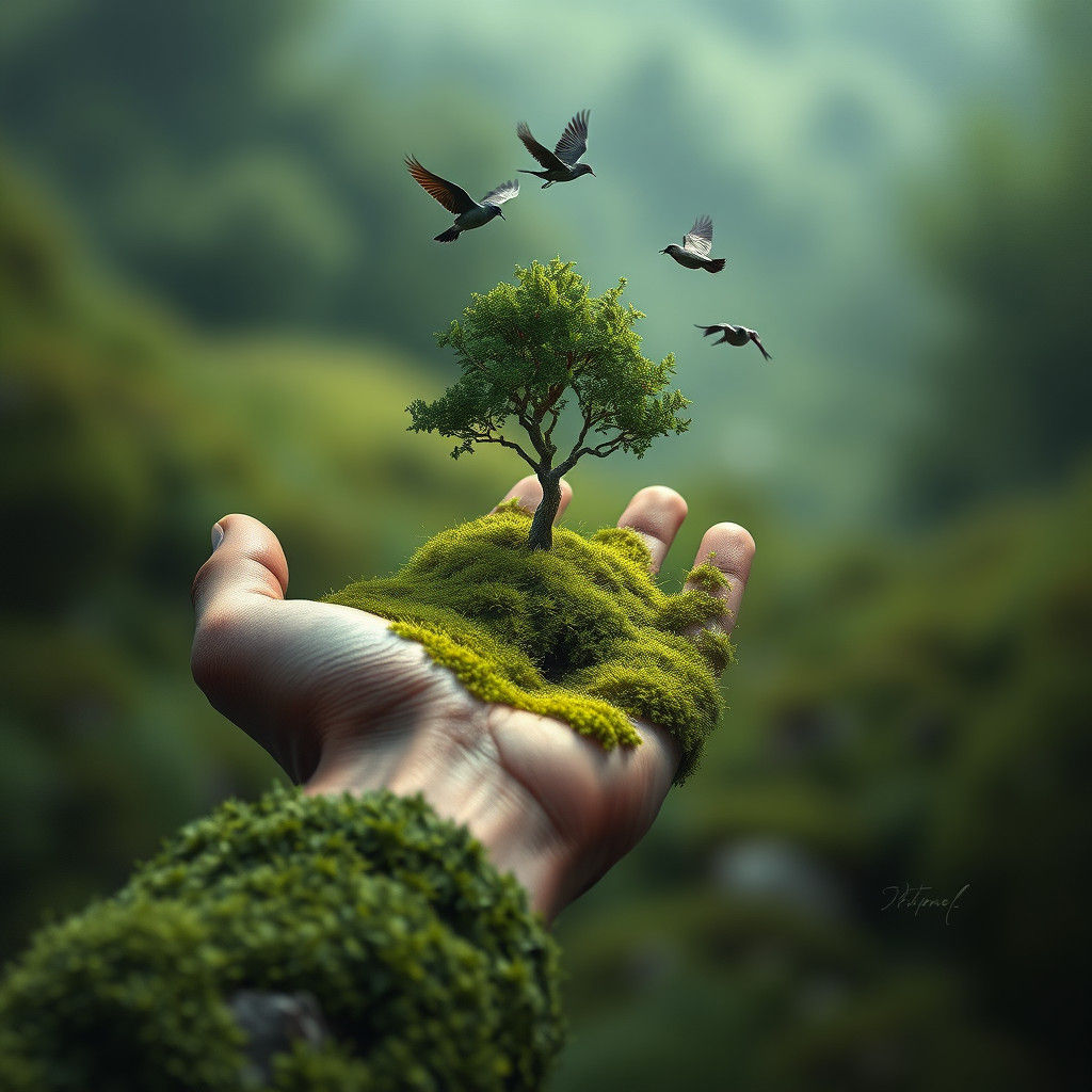 Moss Hand Holding Earth: Tenebrism Oil Painting