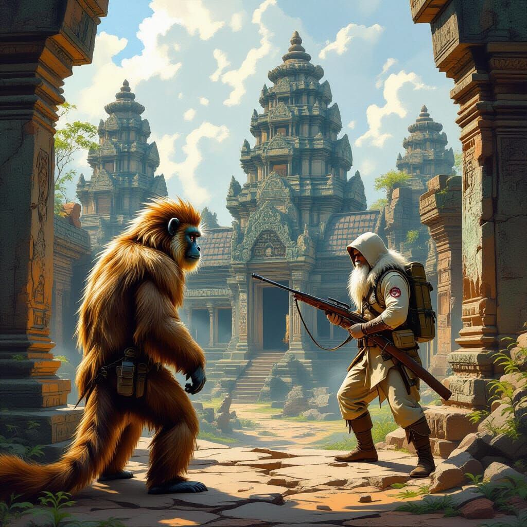 Fierce Monkey Defends Ancient Temple, Wildlife Art