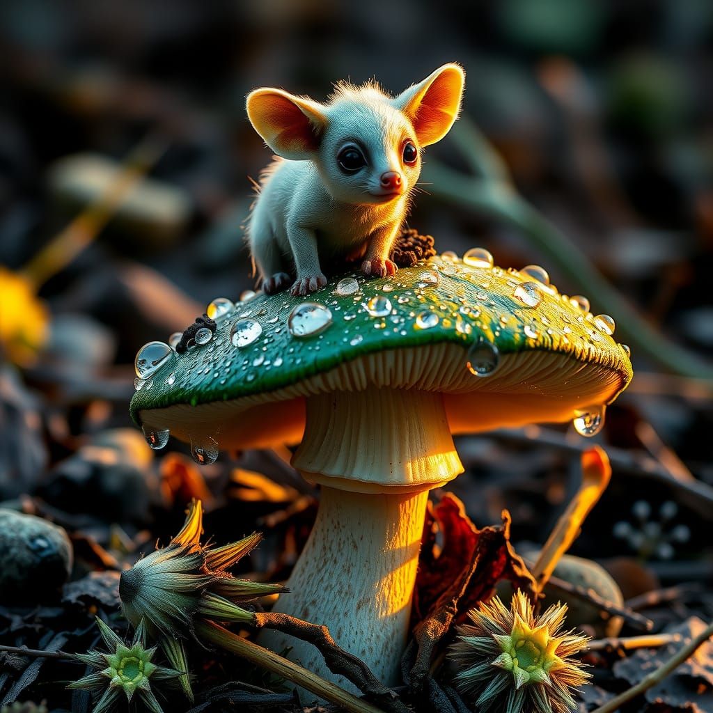 Alien Hyena on Death-Cap Mushroom in Hyperrealistic Style
