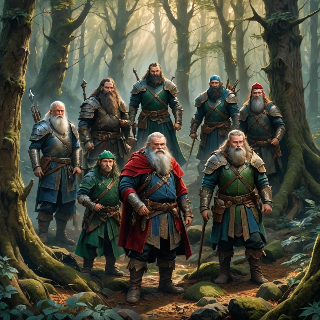 Dwarven Adventurers in Mystical Forest, Fantasy Art