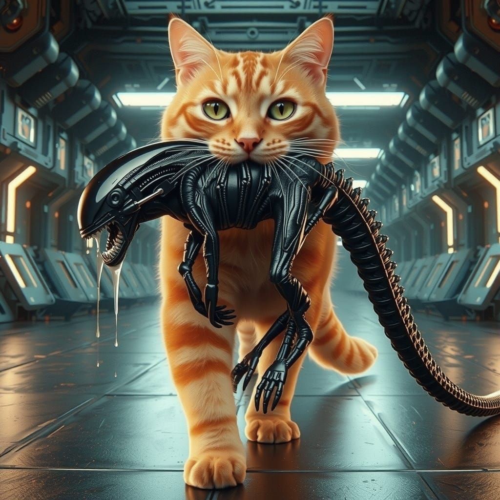 Orange Tabby Cat and Drooling Alien