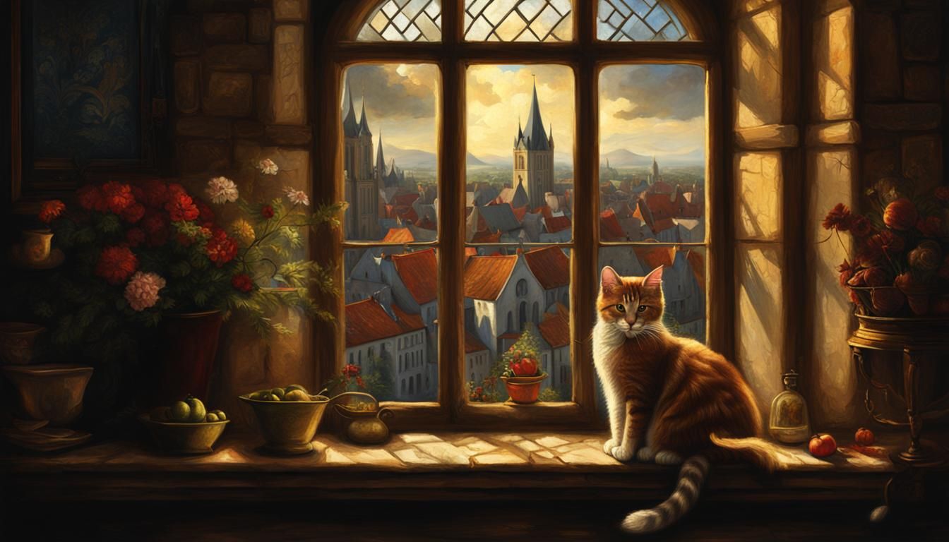 Cute Cat in Window as Oil Painting