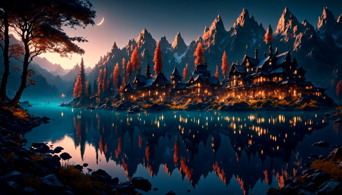 Enchanting Lakeside View at Midnight in Disney Style