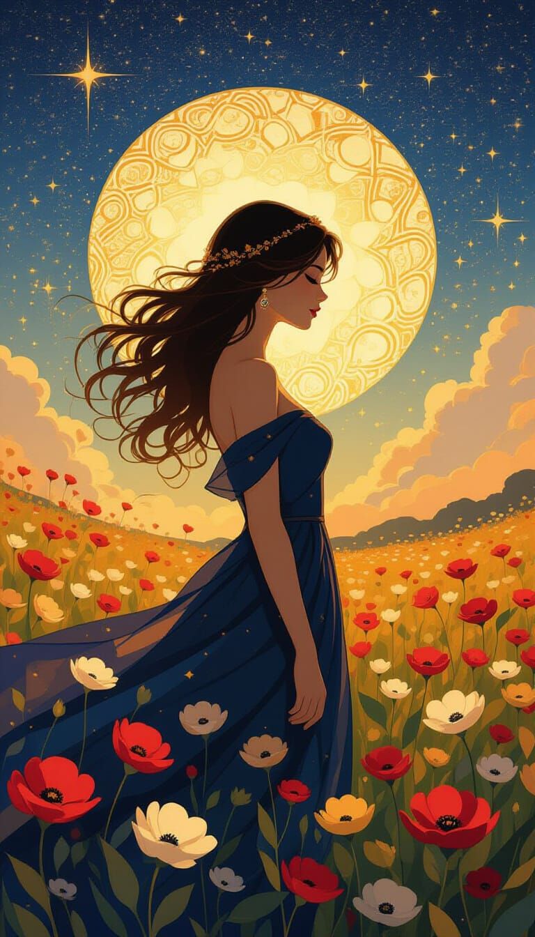 Woman's Silhouette with Starry Sky, Klimt Style