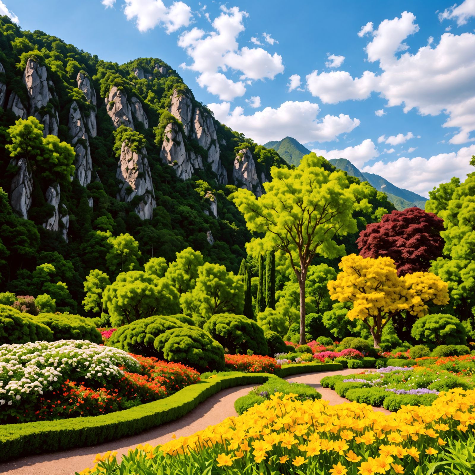 Vibrant Botanical Oasis Amidst Majestic Mountains