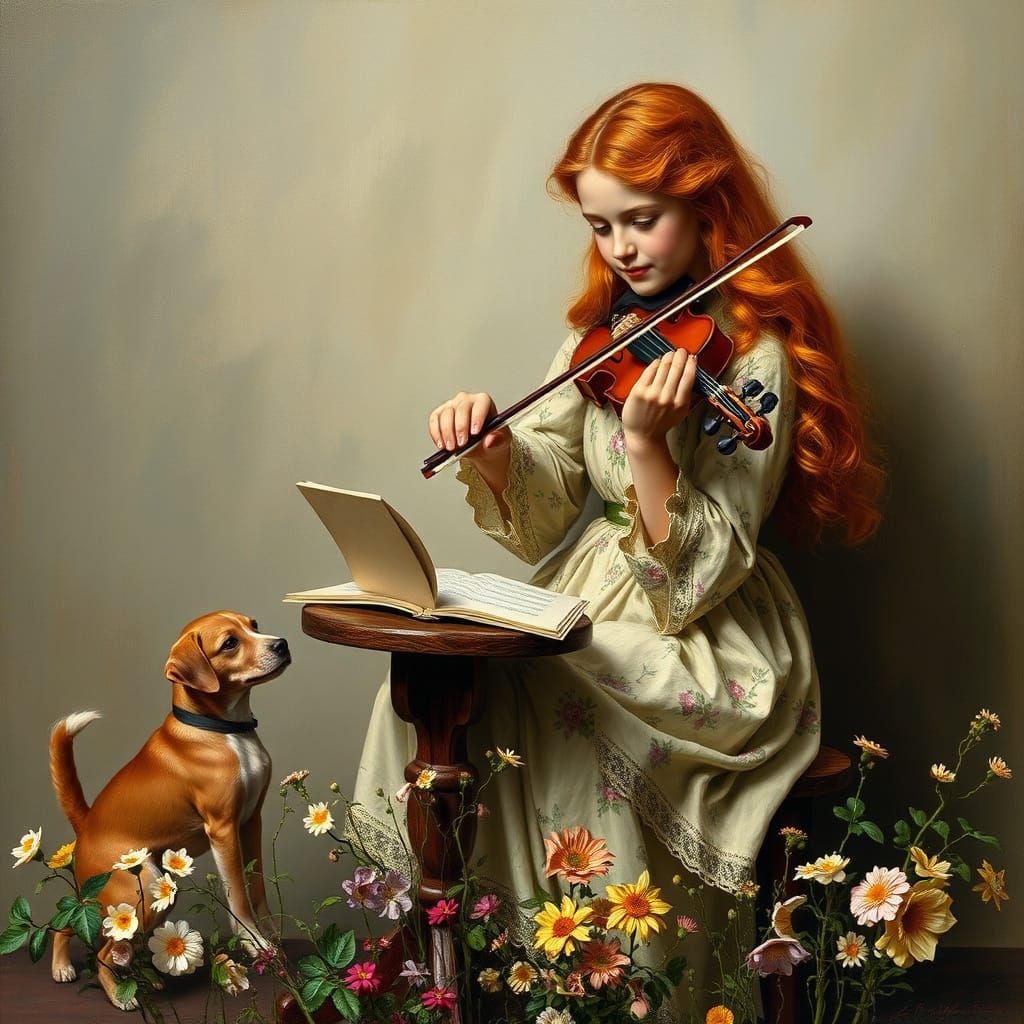 Sensuelle Rousse Muse Joue du Violon dans un Jardin Fleuri