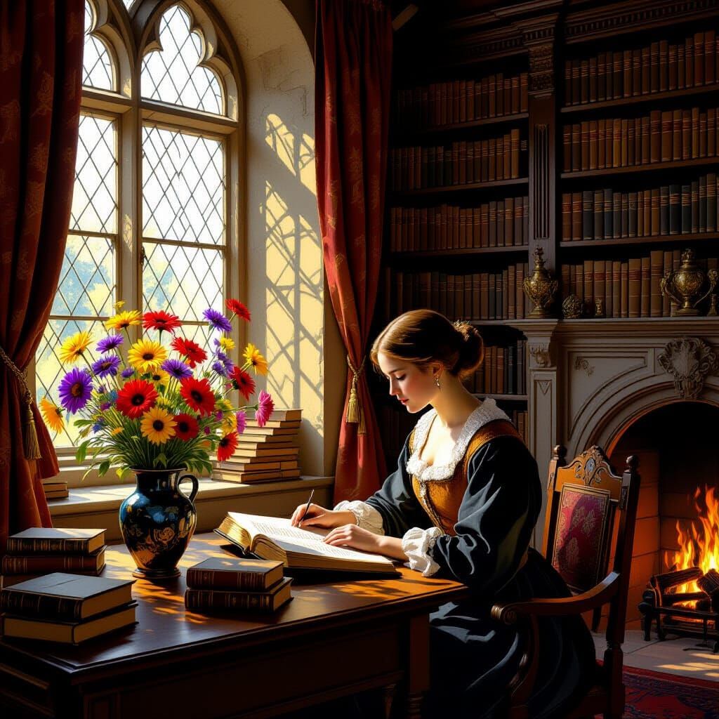 Medieval Library with Reader in Rembrandt Style