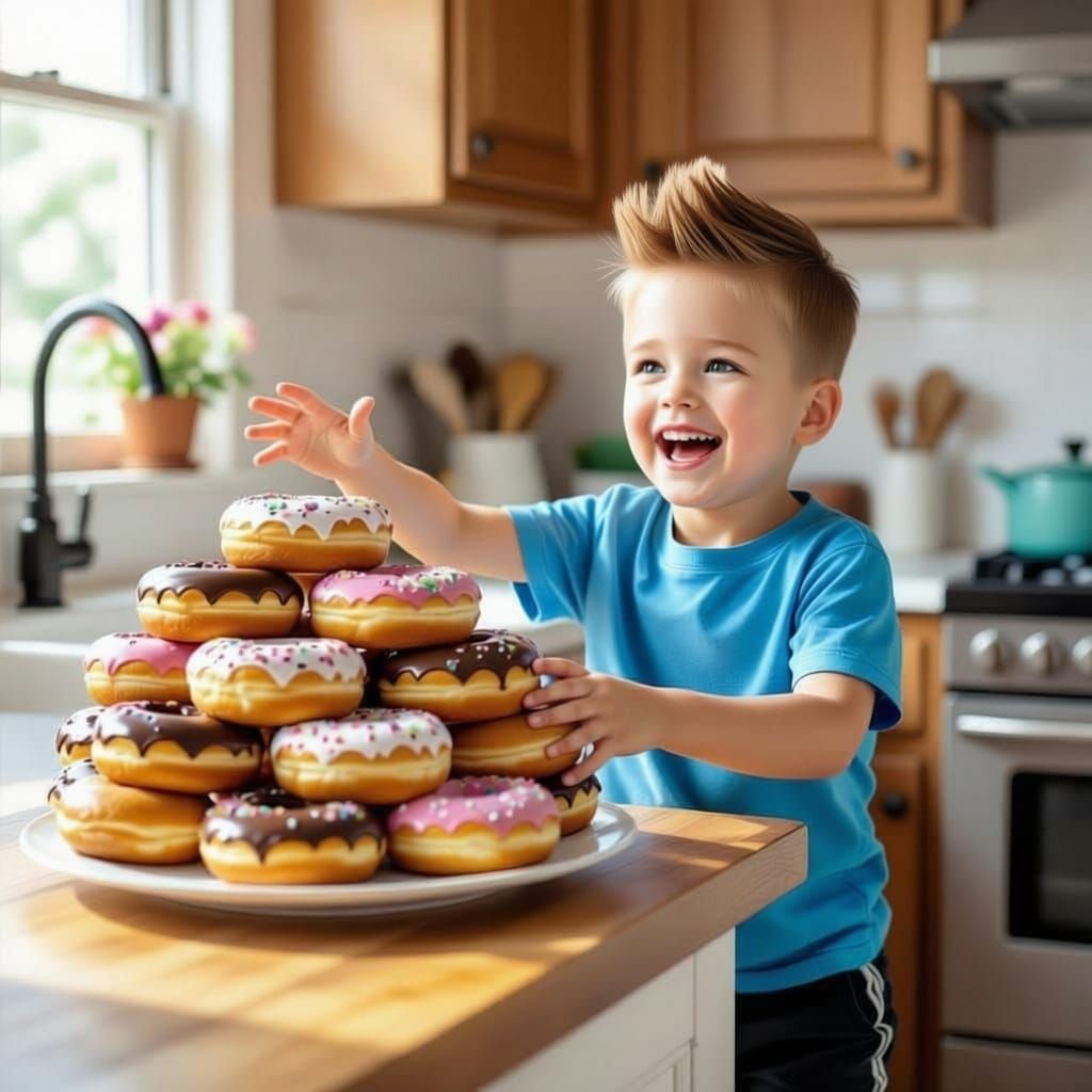 Boy Reaches for Donuts with Joyful Smile
