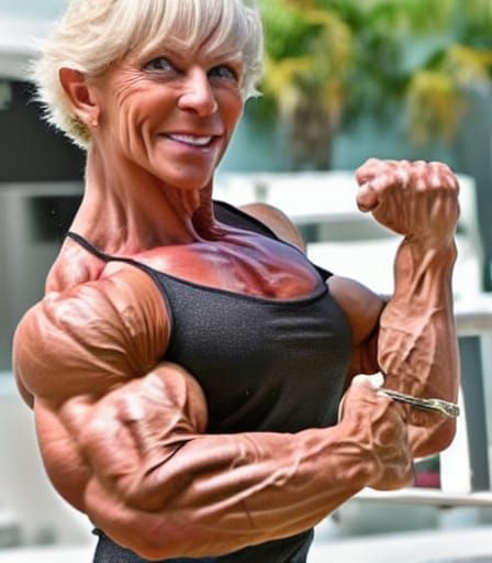 Muscular 61-Year-Old Female Bodybuilder Flexing Arm
