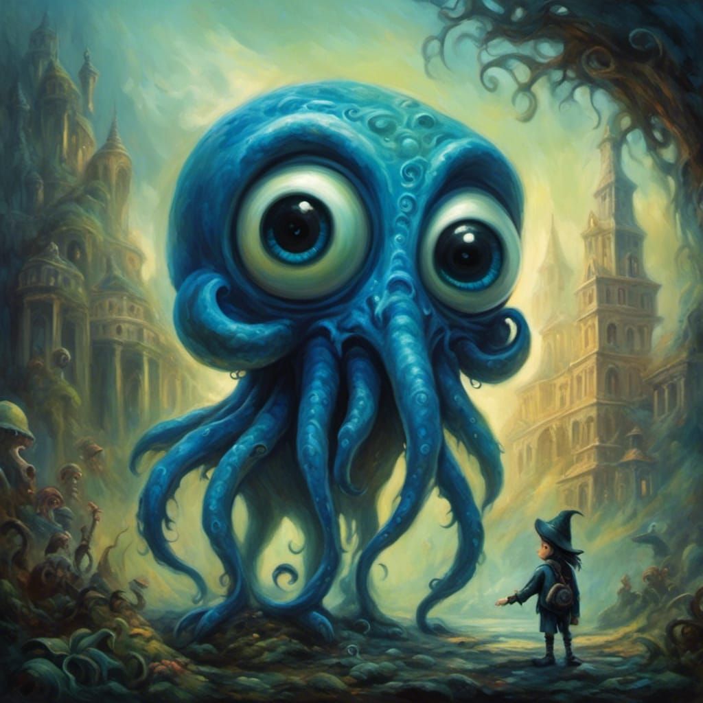 Palm-Sized Cthulhu with Oversized Eyes in Surreal Style