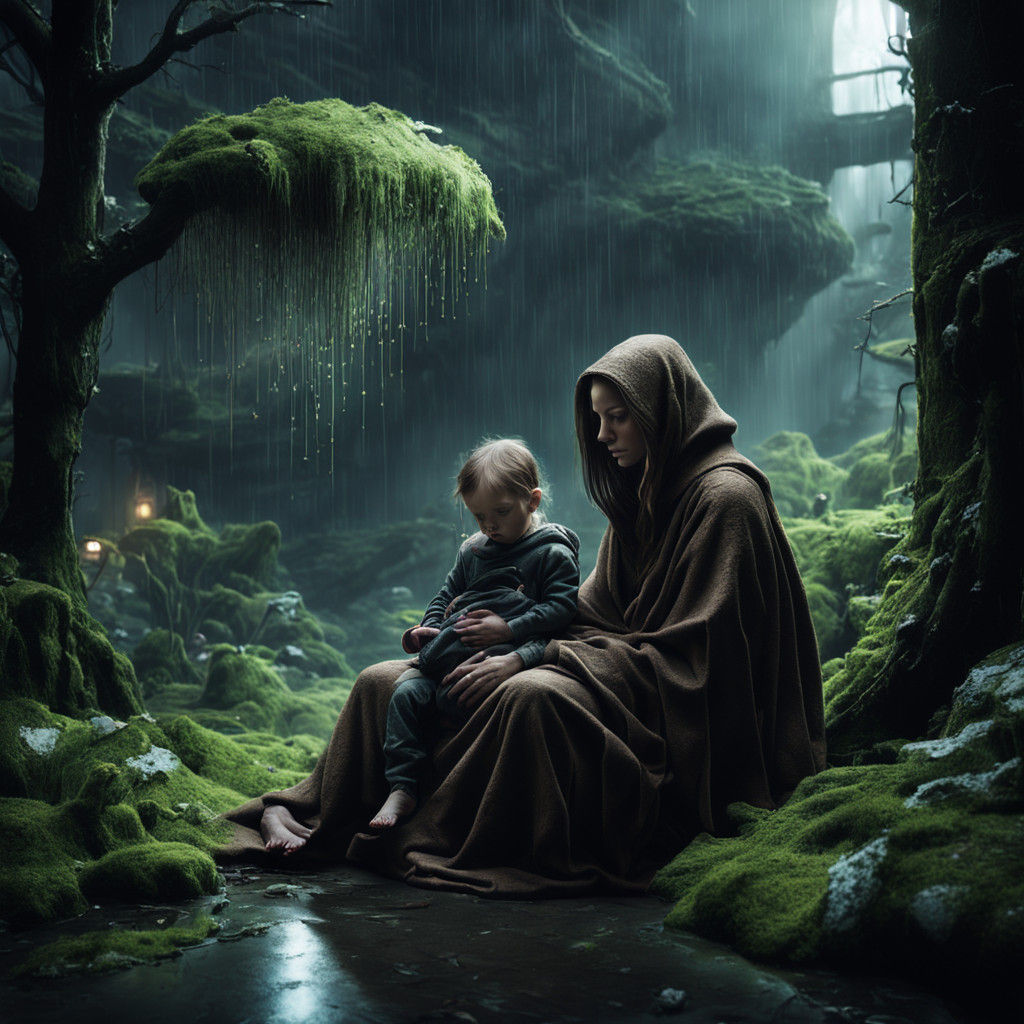 Mother and Newborn in Cyberpunk Urban Jungle
