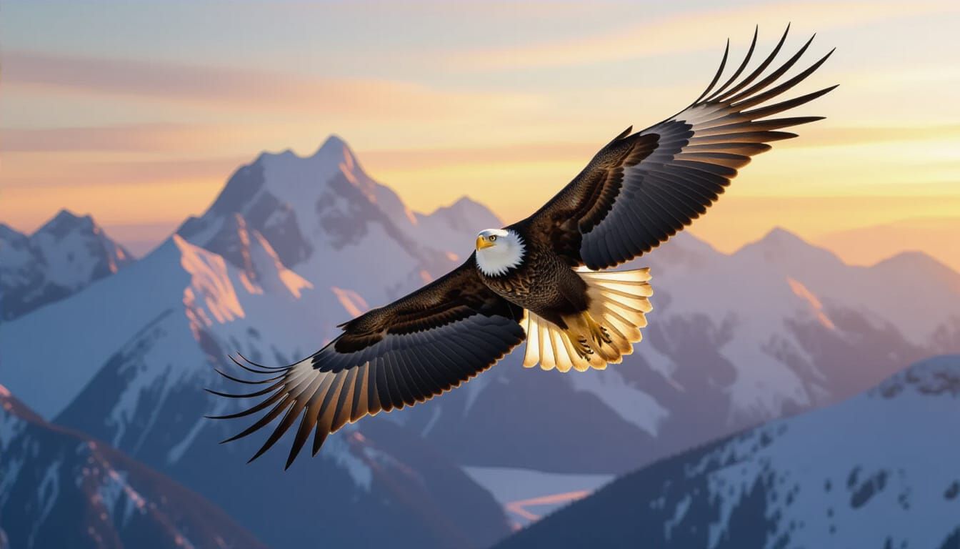 Majestic Golden Eagle Soars Over Snowy Mountains at Dawn