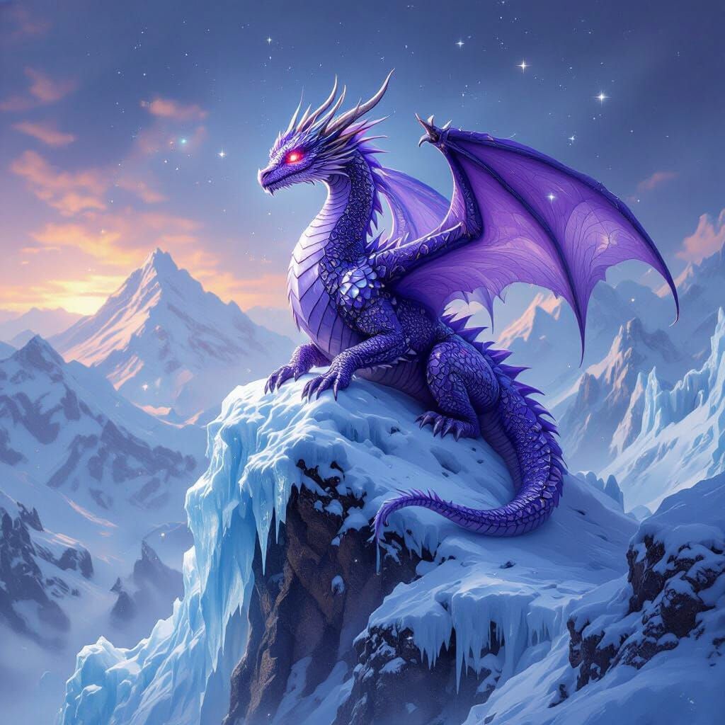 Amethyst Dragon on Snow Mountain: Hyperrealistic Art