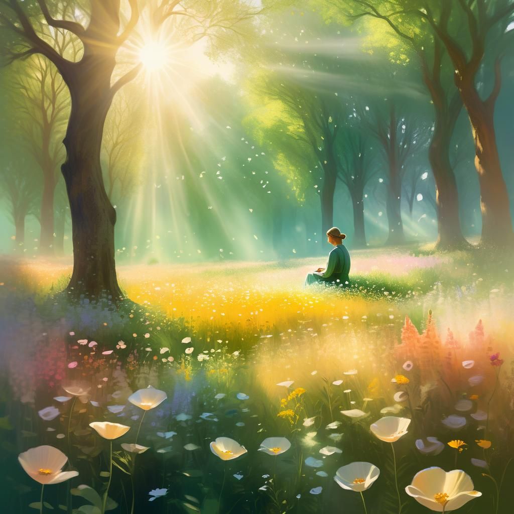 Serene Surrealist Landscape with Figure in Sunlight