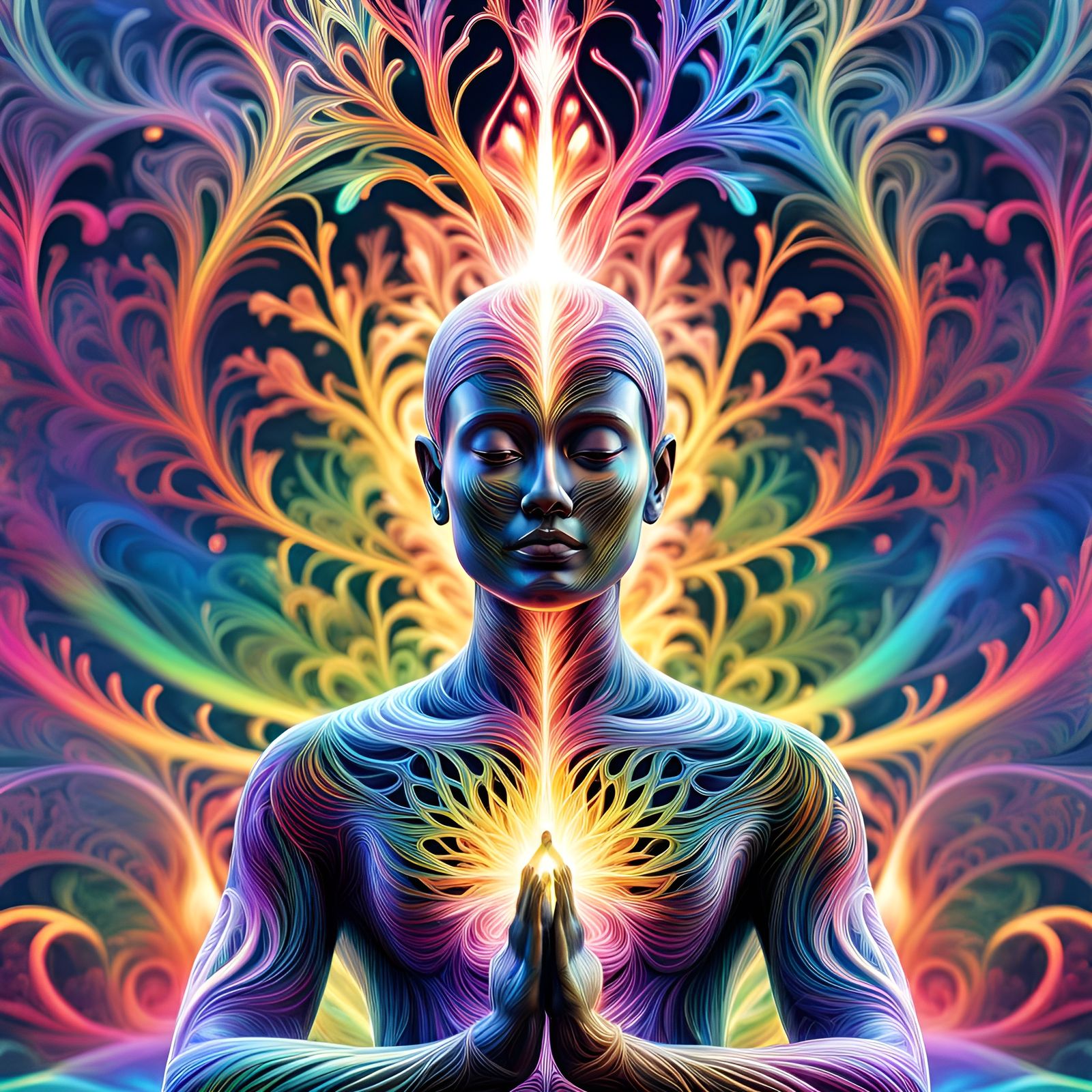 Transparent Humanoid Meditating with Electric Filigree