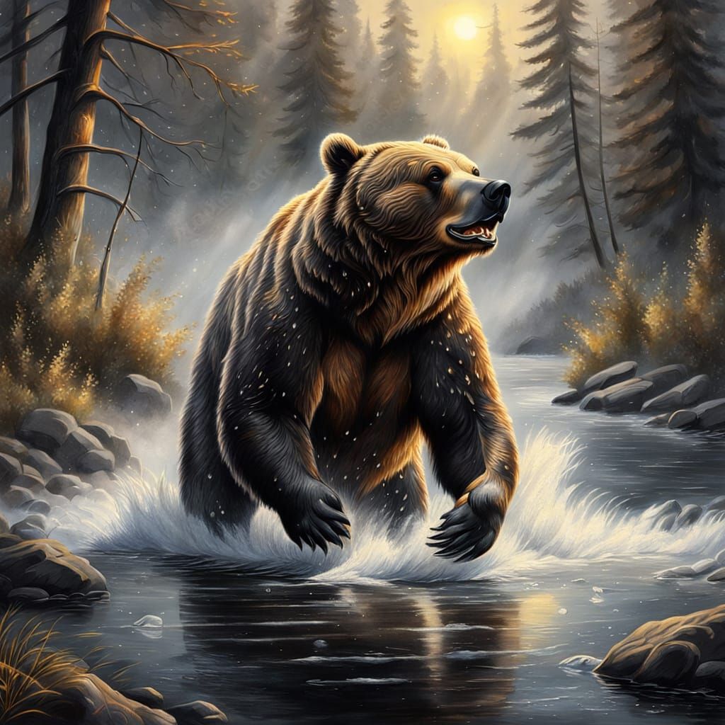 Bear Catching Fish: Ethereal Gouache Charcoal Drawing