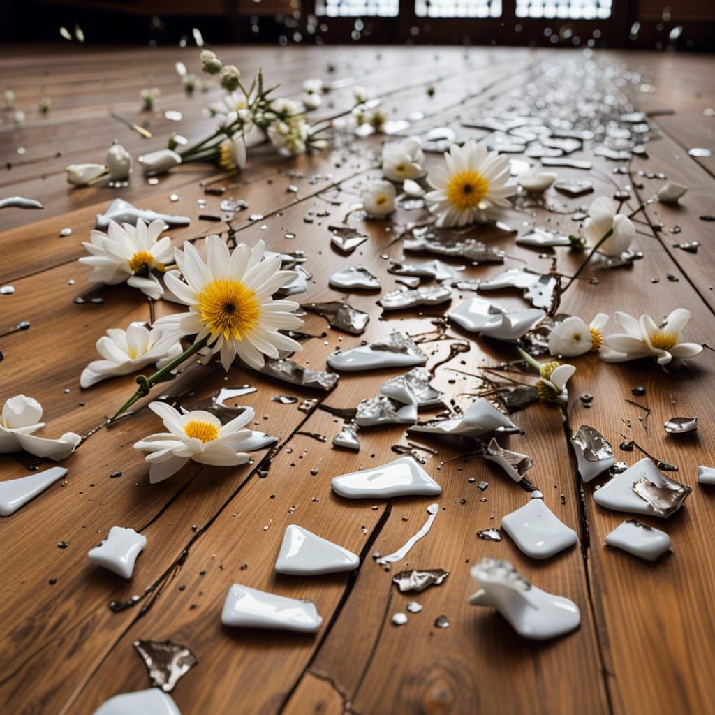 Broken Vase with Flowers on Wooden Floor