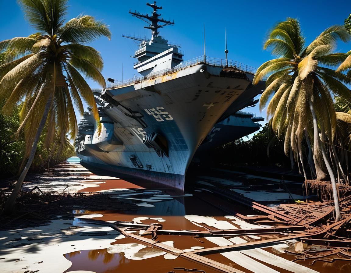 Abandoned USS America Carrier on Tropical Beach