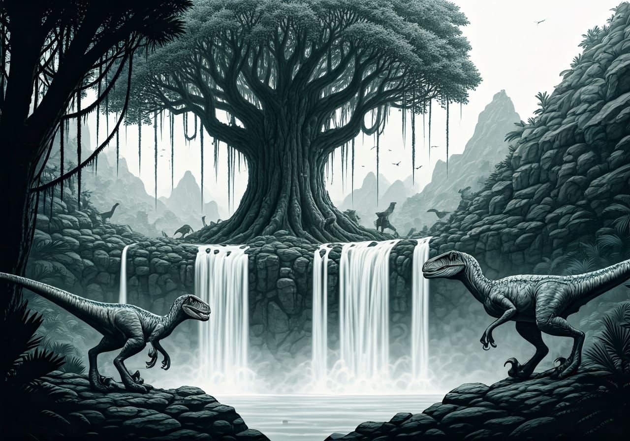 Velociraptors by Waterfall: Graphite Sketch Art