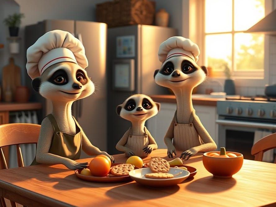 Meerkat Family Having a Snack in the Kitchen