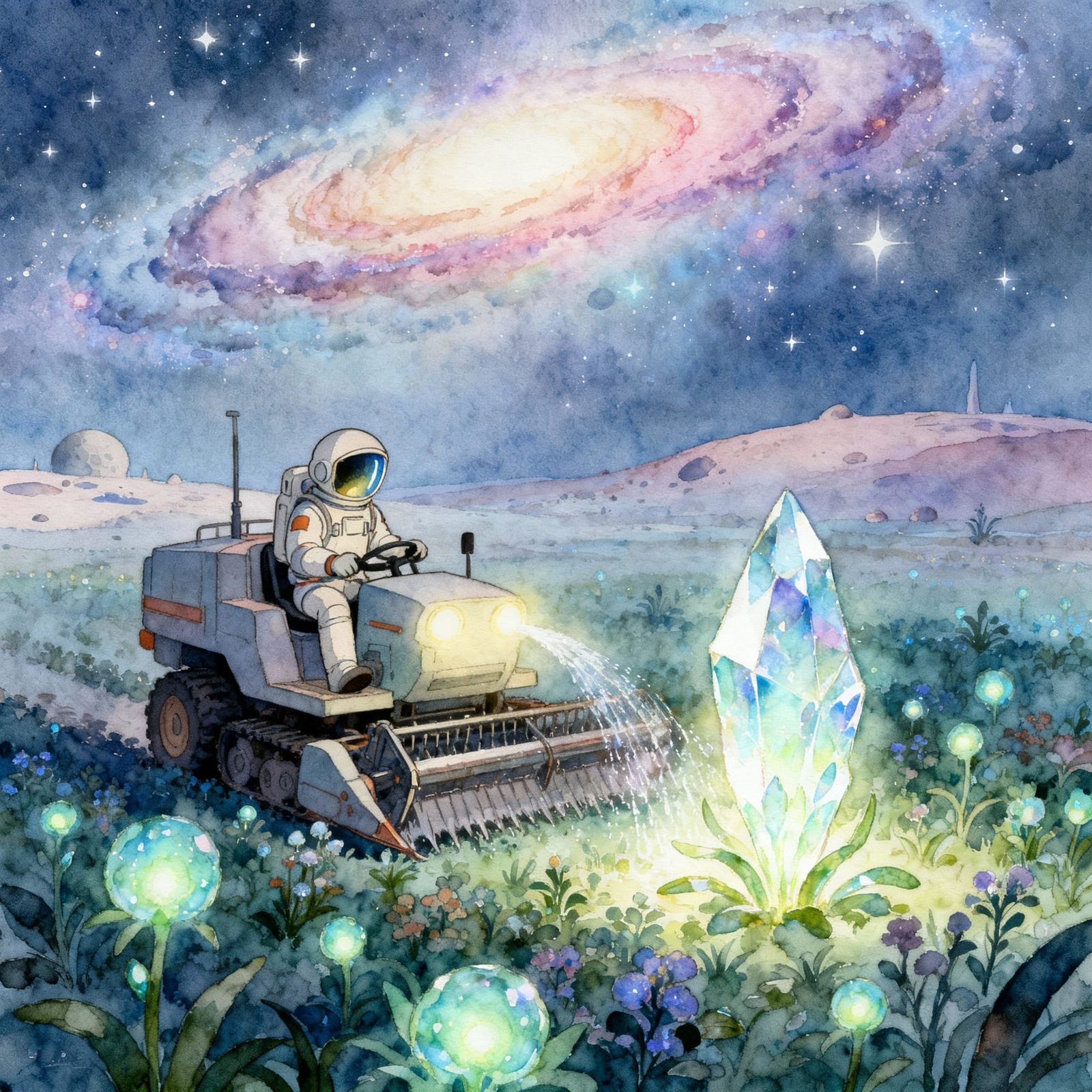 Astronaut Tends Alien Garden in Soft Watercolor Style