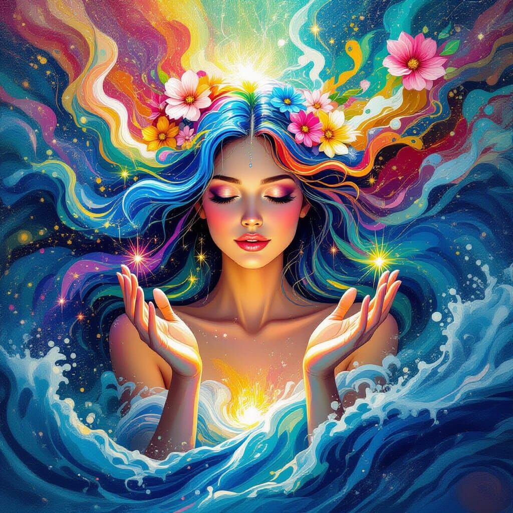 Divine Feminine Emerges From Rainbow Paint Waves