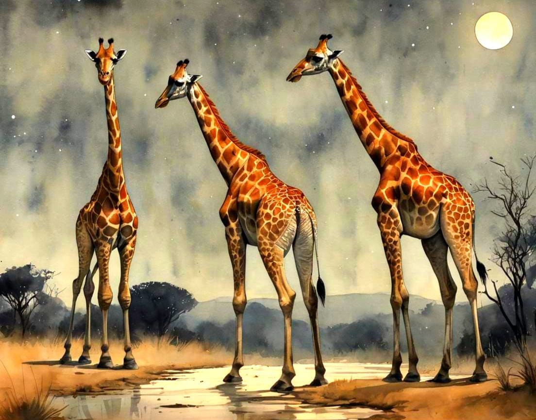 Ethereal Serengeti Night Landscape with Giraffe and Fawn