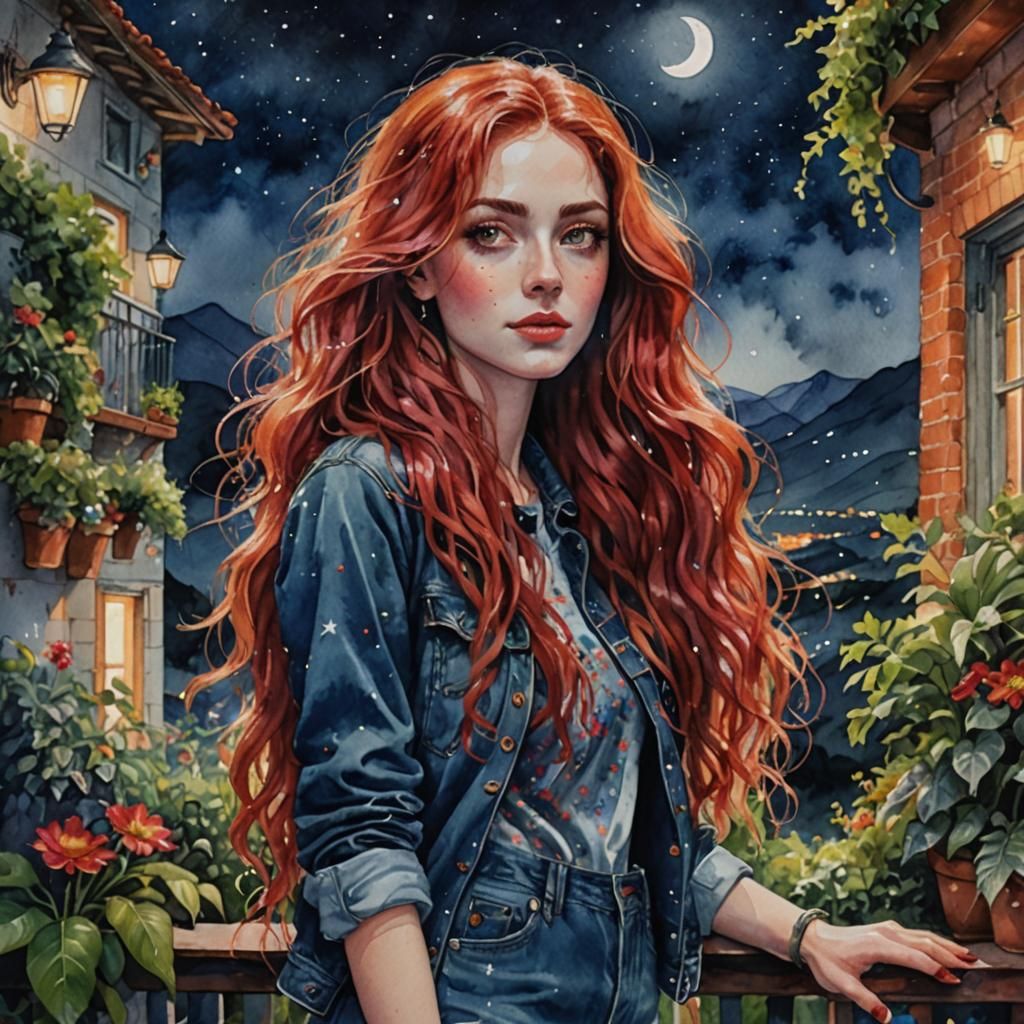 Vibrant Watercolour of Woman on Balcony at Night